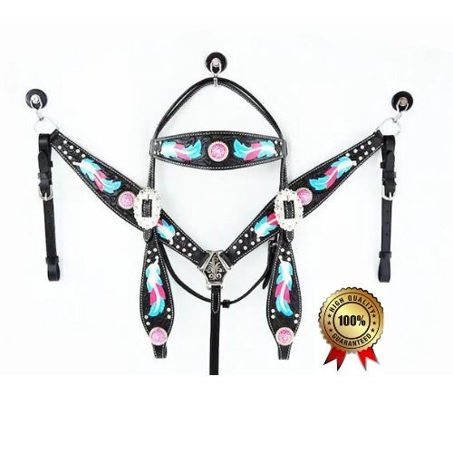 Western Horse Leather Purple & Pink Feather Bridle Breast Collar Tack Set