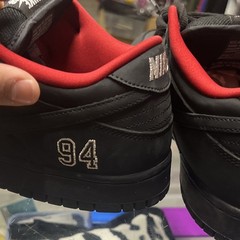 Nike SB Dunk Low Pro x Supreme Black/Red Skate Shoes w/ 94 Heel Embroidery