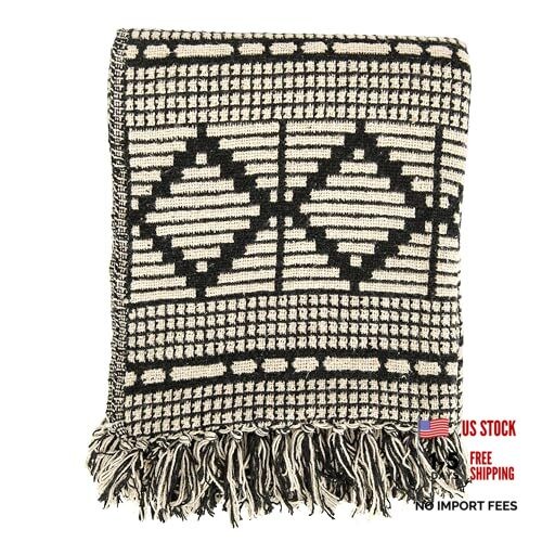 Soft Reclaimed Cotton Blend Throw with Diamond Pattern and Black and Beige