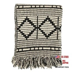 Soft Reclaimed Cotton Blend Throw with Diamond Pattern and Black and Beige