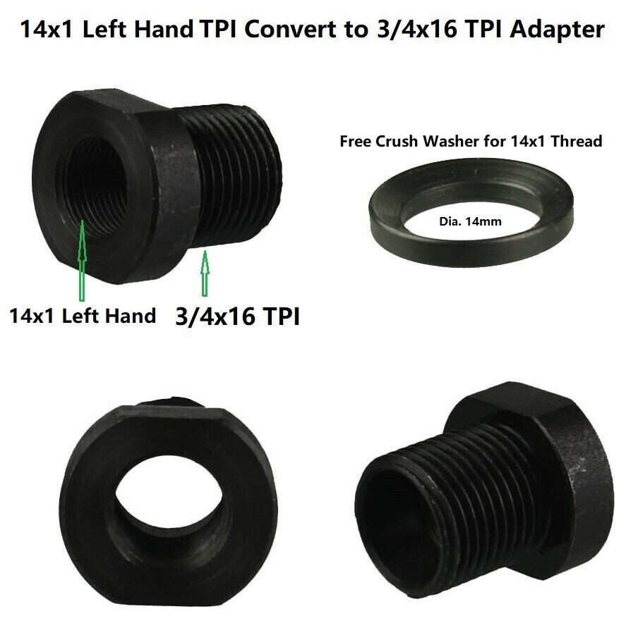 Steel Adapter Convert 14×1 LH TPI Thread to 3/4×16 TPI Thread, Free Crush Washer