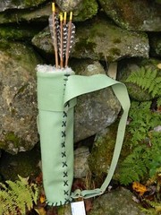 Handmade Green Leather traditional archery back quiver for arrows Antler Accents