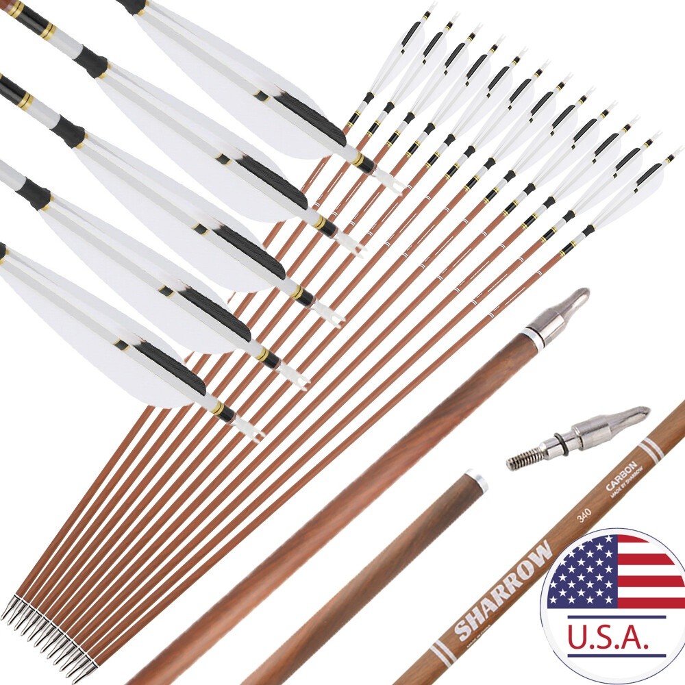 12X 31″ Pure Carbon Arrows SP340 400 500 600 Natural Feather Archery Bow Hunting