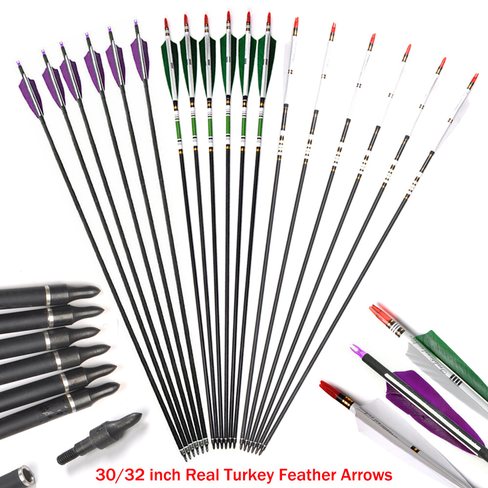 30″/32″ Carbon Arrows Turkey Feather Spine 500 for Hunting Compound Recurve Bow