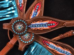 Headstall-Reins-Breastcollar Painted Feathers -Crystal Conchos-Turquoise Fringe