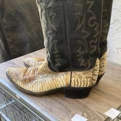 Dan Post Western Cowboy Boots US 10.5 Black Leather Shaft Tan Snakeskin Foot
