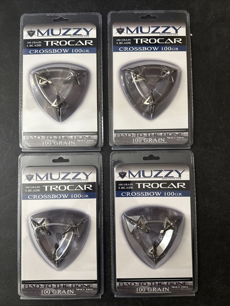 Muzzy Trocar Crossbow 100gr 3-Blade Fixed Broadheads Hunting Archery- 4 Pack NEW
