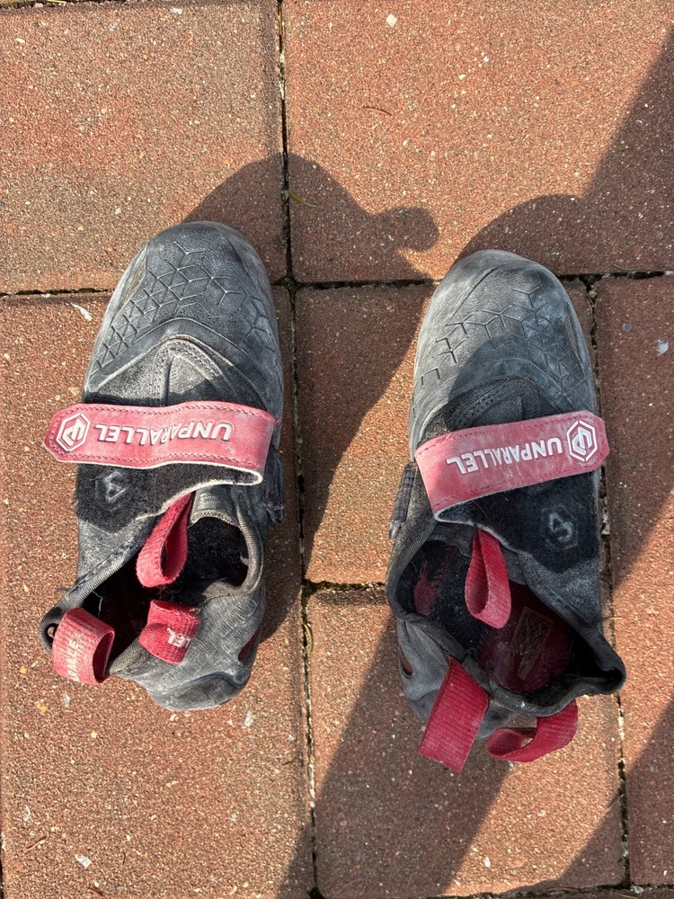 unparallel flagship pro, red climbing shoes, moderately worn