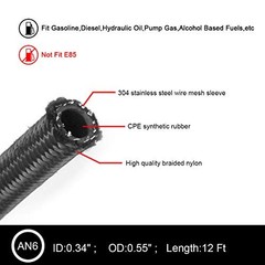 12 FT 6AN 3/8″ Fuel Line Hose Braided Stainless Steel With 6PCS AN-6 Black