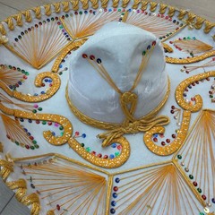 Pigalle XXXXX White Charro Sombrero Hat with Gold Trim and Sequins 23 in