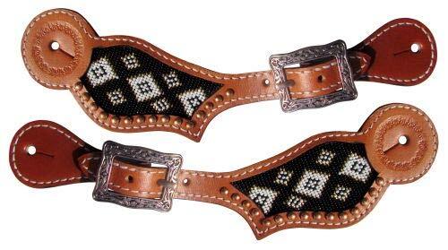 Showman Leather Spur Straps w/ Black, Gold & White Beaded Navajo Design
