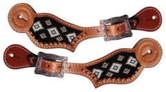 Showman Leather Spur Straps w/ Black, Gold & White Beaded Navajo Design