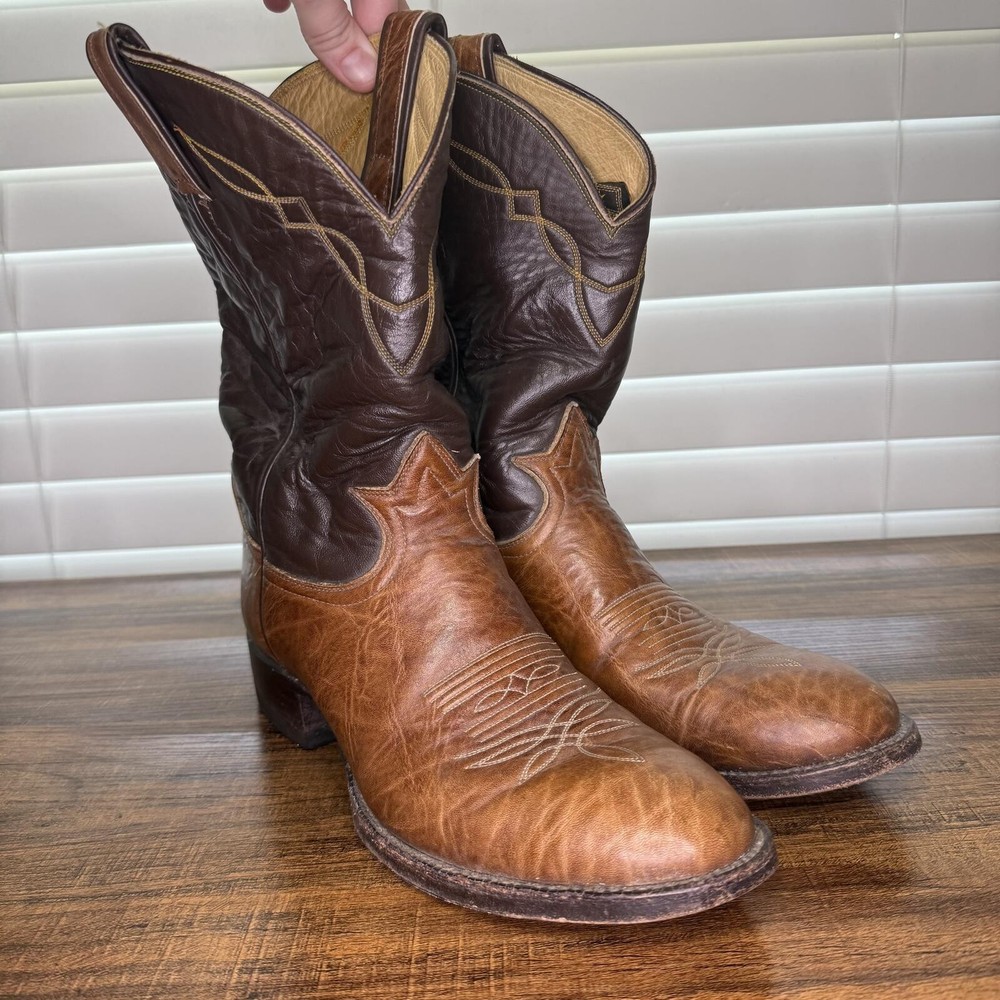 Vintage Tony Lama Two-Tone Brown Leather Cowboy Boots Size 8.5D
