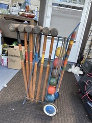 Vintage WOOD CROQUET SET w CADDY metal carrier stand rack rolling lawn game 60s