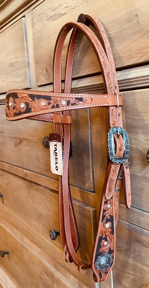 Western Leather Headstall Chestnut W/Black Floral, Wide-Browband Crystal Studs