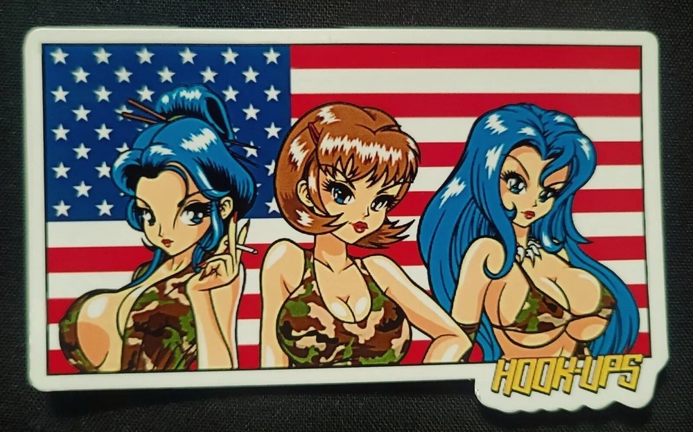 HOOK UPS STICKER VINTAGE «AMERICAN FLAG CAMO BOOBS» 4″ WIDE 2 1/2″ TALL GLOSSY