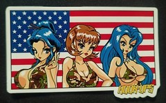 HOOK UPS STICKER VINTAGE «AMERICAN FLAG CAMO BOOBS» 4″ WIDE 2 1/2″ TALL GLOSSY