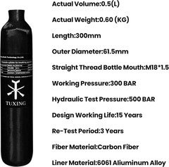 TUXING 4500Psi Pcp Air Tank 0.5L 31Cu in 500Cc Carbon Fiber HPA Tank,Gas Cylinde