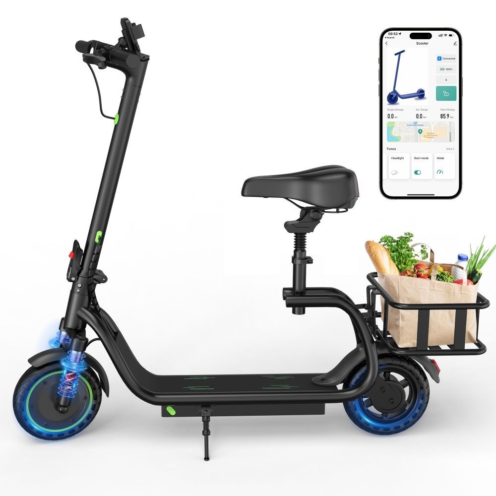 Foldable Electric Scooter with Seat & Basket, 17miles Max Range Front Suspension