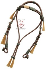 Chestnut Rawhide and Black Knotted Headstall, 16 Plaits Rawhide Headstall,