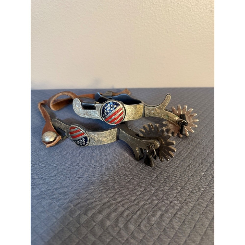 Western Patriotic American Flag Spurs with Jingle Bobs and Leather Straps