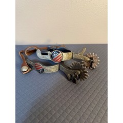 Western Patriotic American Flag Spurs with Jingle Bobs and Leather Straps