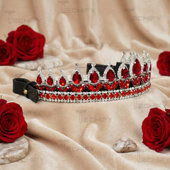 Red Crystal Horse Browband Bling Crown Style Rhinestone Leather Padded