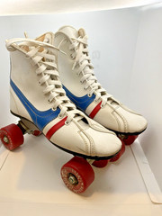 Vintage Derby Fireball Quad Roller Skates Size 5 Made Philippines White Red Blue