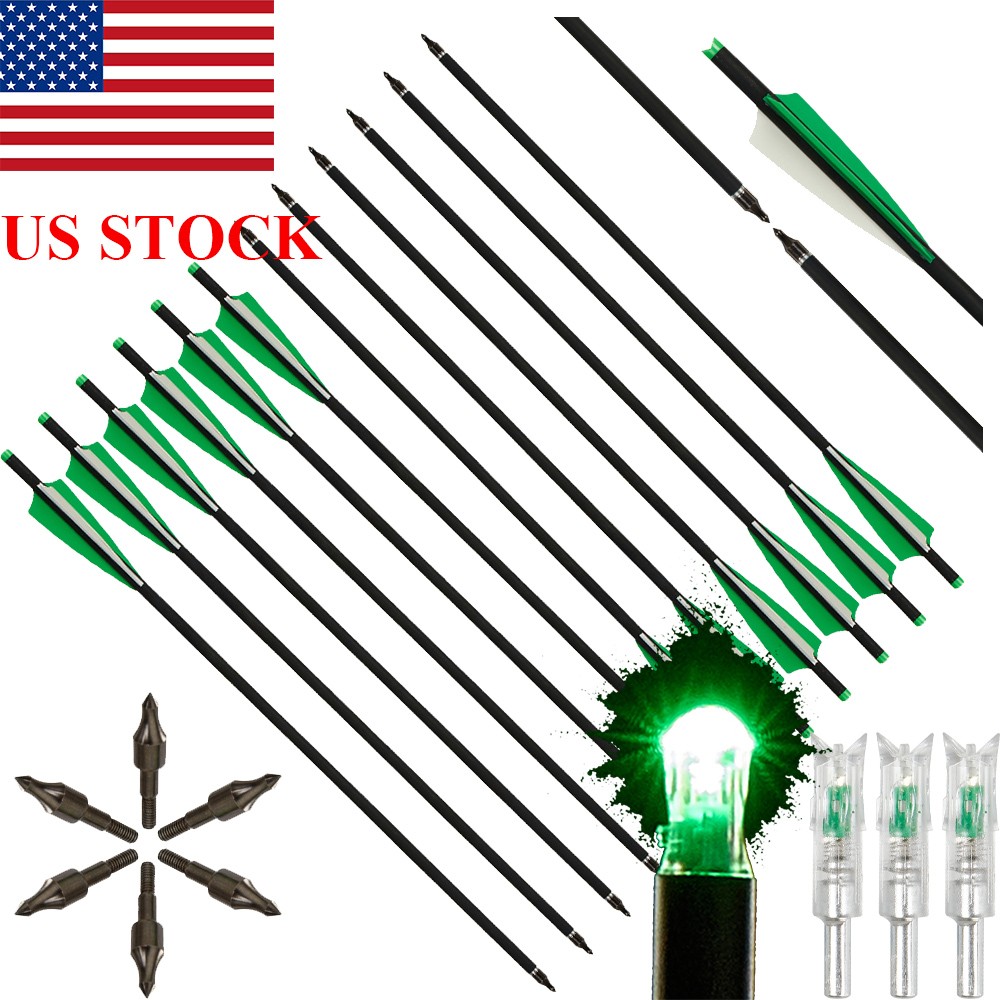 20» Crossbow Bolts Carbon Shafts OD8.8mm / 3 xLighted Nocks for Archery Hunting