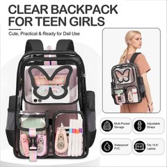 Clear Backpack for Girls Women Heavy Duty Transparent Bookbag Black