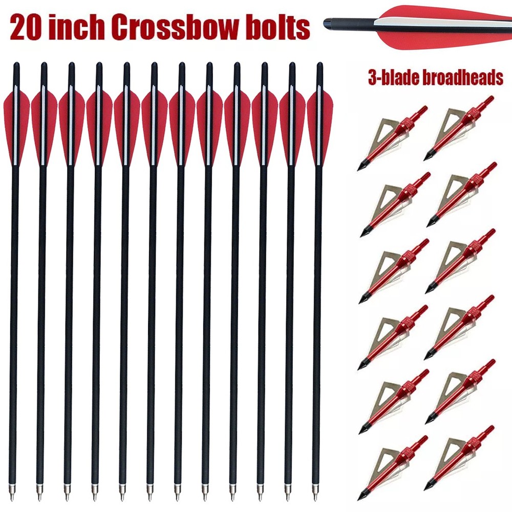 12Pcs 20» Archery Carbon Crossbow Bolt Arrows+12Pcs 100Grain Broadheads Hunting