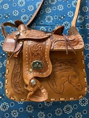 Vintage Leather Horse Saddle Crossbody Shoulder Bag Tooled Western