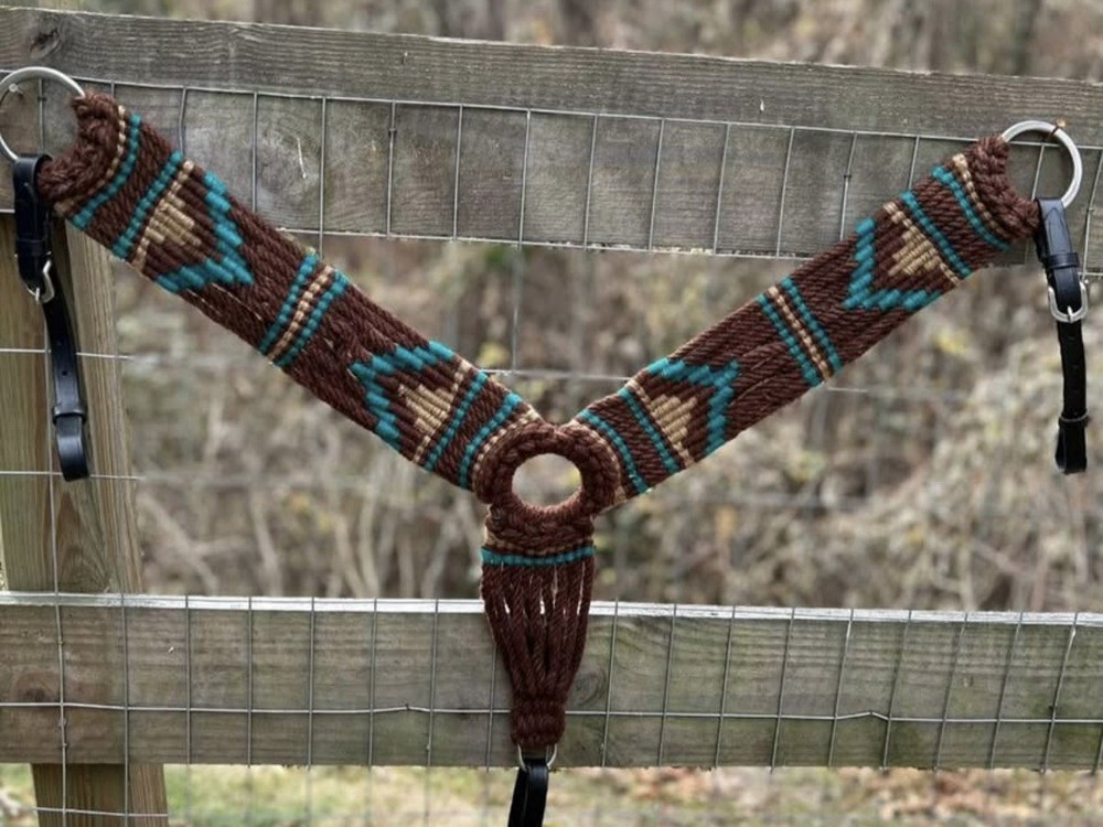 Genuine Mohair Multi String Western Breast Collar Brown and Teal Design