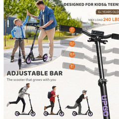 Kick Scooter for Ages 6+, Kids, Teens & Adults, 240 LB Max Load, Foldable, 8-Inc