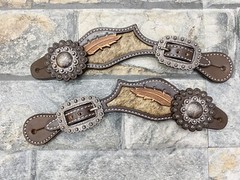 Western Women’s Spur Strap Set with Leather Leaves on Cowhide, Raw Metal Concho