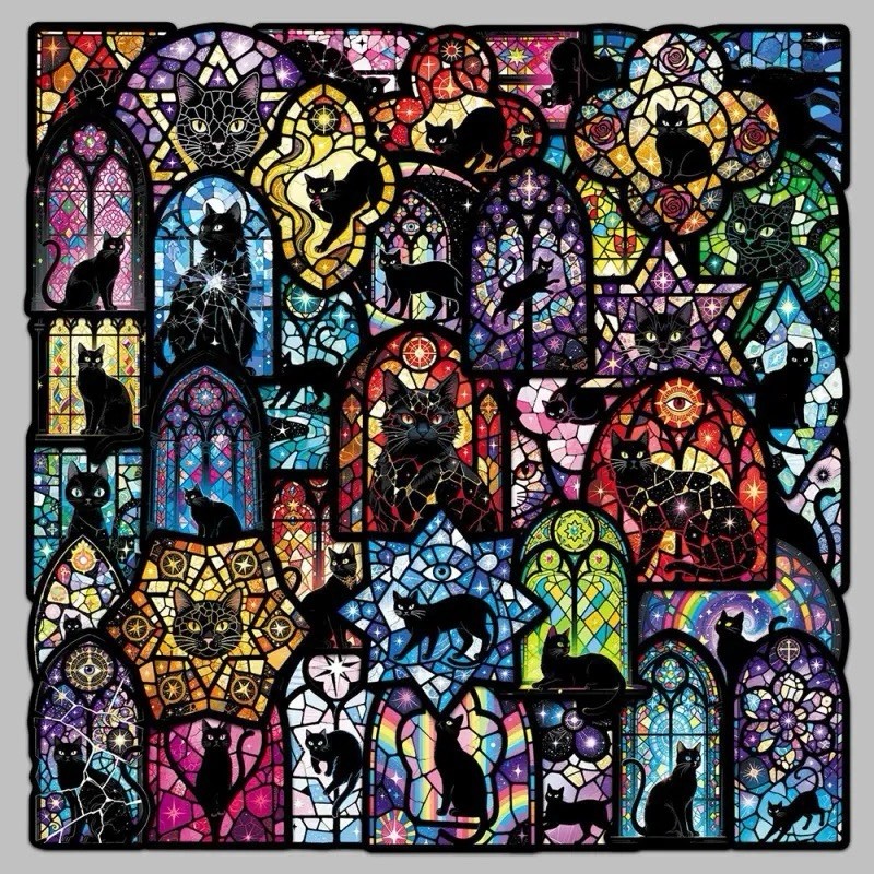 20PCS Mixed Gothic Stained Glass Medieval Black Cats Waterproof Vinyl Stickers