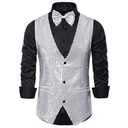 Gold Sequin Vest Men’s Single-breasted V-neck Sleeveless Vests Coat Wedding Part
