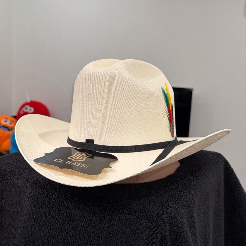 CL HATS White Western Cowboy Hat with Black Band and Multicolor Feather