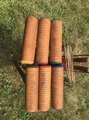 Vintage WOOD CROQUET SET w CADDY metal carrier stand rack rolling lawn game 60s