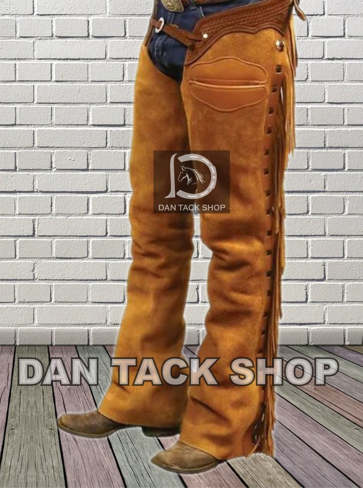 Men’s Handmade Cow Boy Shotgun Chaps Suede Leather Western Style with Free Ship.
