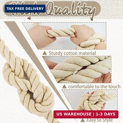 Natural White Cotton Rope 4/5 inch x 10 ft,Tug of War Rope,Strong Triple-Strand
