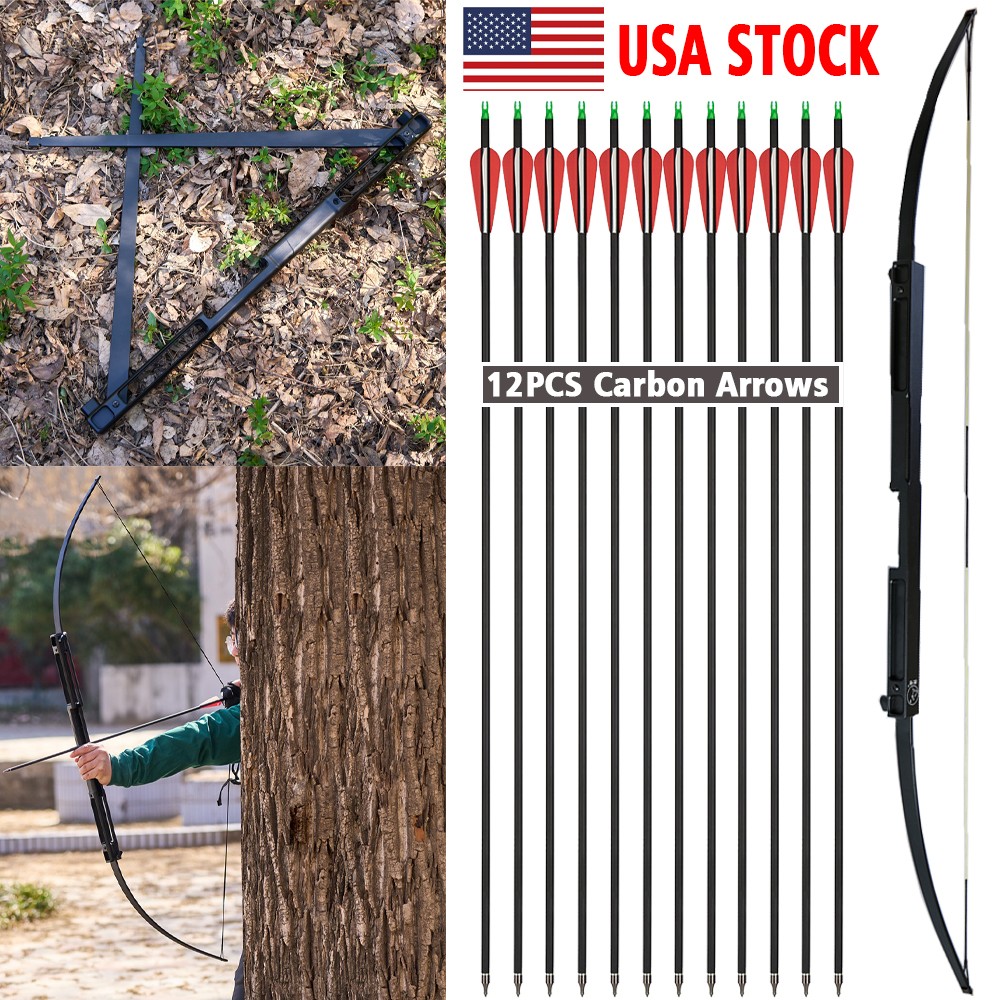60″ Archery Folding Bow 40/60lbs Longbow Portable Outdoor Hunting Carbon Arrows