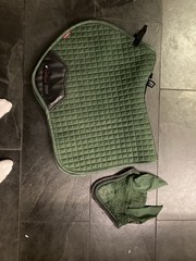 LeMieux Suede Saddle Pad , Ear Bonnet U.S. 4 Riding Shirt Set Hunter Green