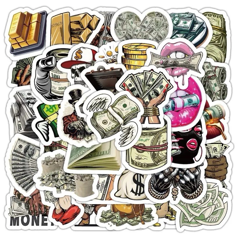 25Pcs Random Funny Money Dollar Pattern a Cartoon Graffiti Waterproof Stickers