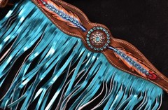 Headstall-Reins-Breastcollar Painted Feathers -Crystal Conchos-Turquoise Fringe