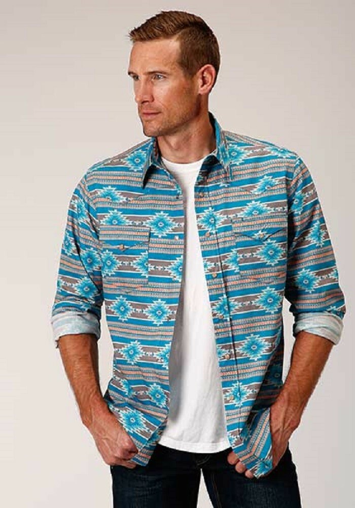 Roper Men’s Turquoise orange SANTA FE AZTEC PRINT WESTERN SHIRT Size M L XL 3XL
