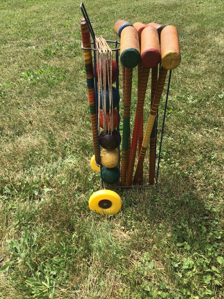 Vintage WOOD CROQUET SET w CADDY metal carrier stand rack rolling lawn game 60s
