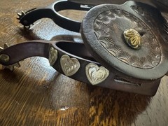 Western Riding Spur Rowel Spurs w/ Tooled Leather Straps, Chap Guards, Conchos