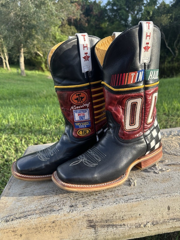 Tin Haul Western Cowboy Boots Black Leather Red Checkered Heel Racing Nascar