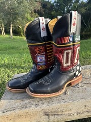 Tin Haul Western Cowboy Boots Black Leather Red Checkered Heel Racing Nascar